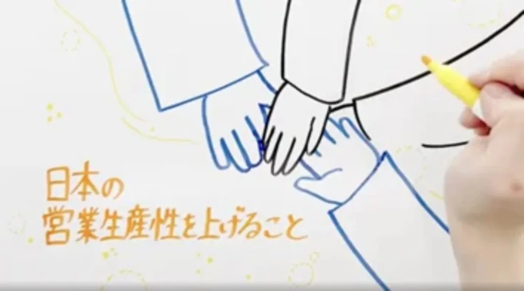 複数人が手を重ねる協力の様子と日本の営業生産性向上のテーマイラスト