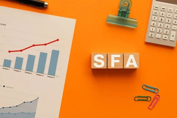 SFAの木製ブロックと棒グラフ、電卓が並ぶ机上