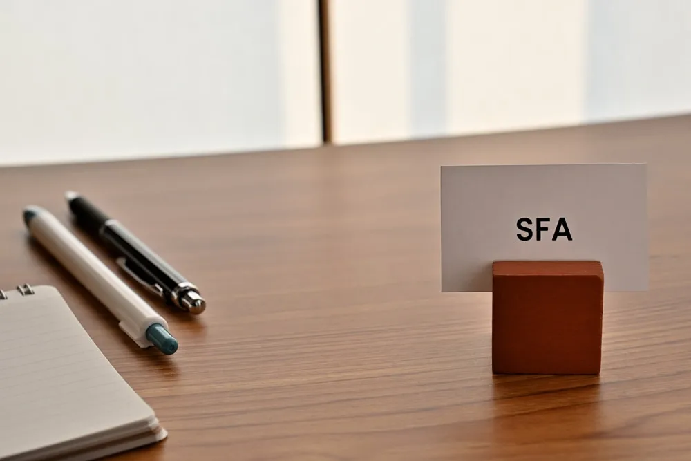SFA と書かれたカードが置かれた木製デスク
