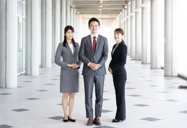 ビジネススーツの男性と女性2名が柱のある廊下に立つ