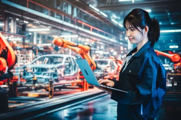 ロボットアーム稼働中、ラップトップを操作する女性作業者