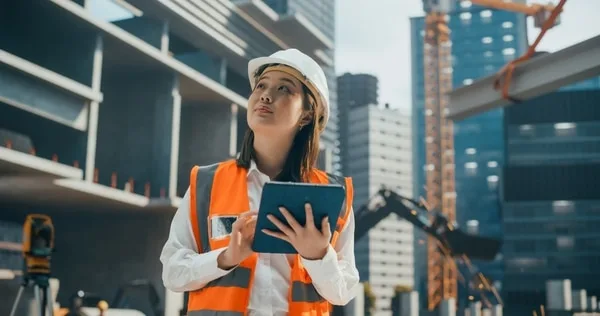 タブレットを持ち、建設現場で上空を見上げる女性作業員