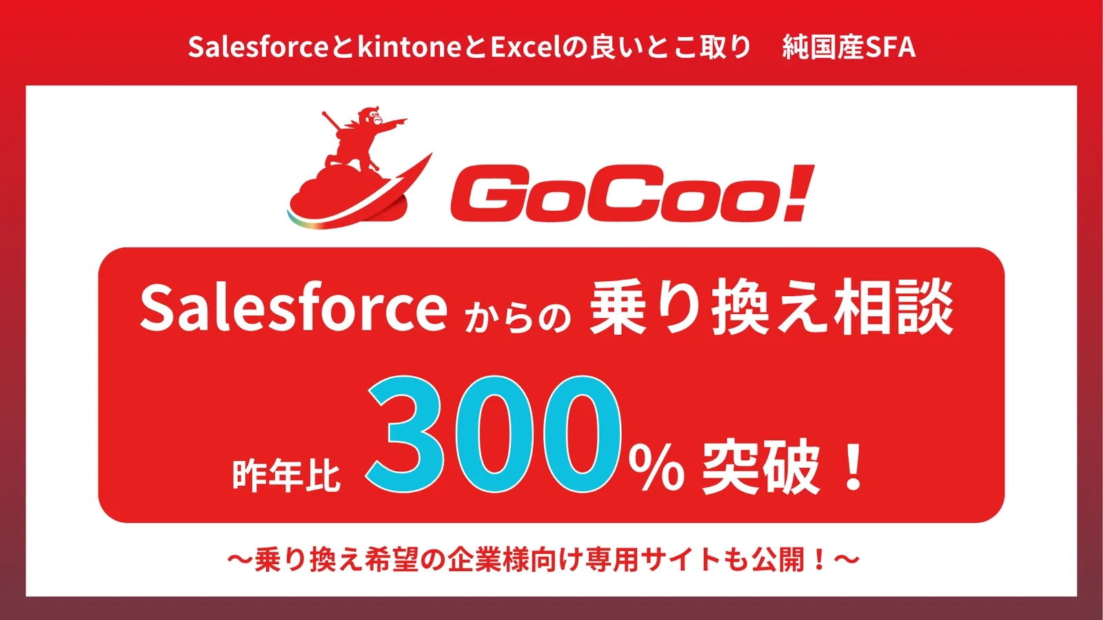純国産SFA「GoCoo!」が好調 Salesforceからの乗り換え相談が昨年比300% 〜最大75%のコスト削減と日本人向けの操作性が評価〜 のアイキャッチ画像