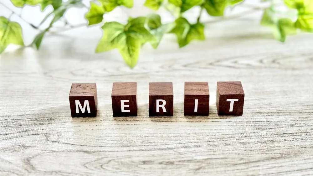 木製ブロックに「MERIT」の文字が白く書かれている。