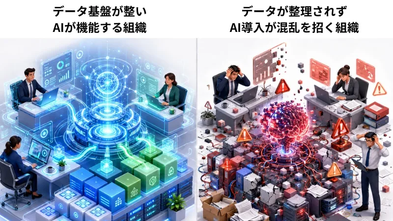 データ基盤が整ったAI導入組織と混乱招くAI導入の対比図