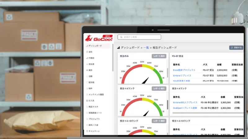 GoCoo!ダッシュボード画面と物流倉庫の風景を並べた構成