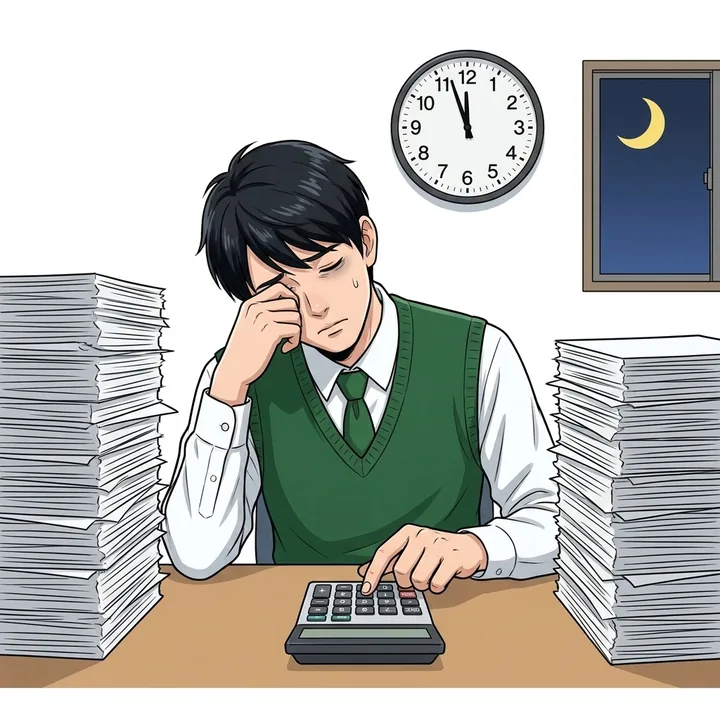 夜遅くまで書類の山と電卓で集計している人