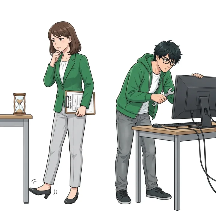 技術者が画面を直すのを待っている人